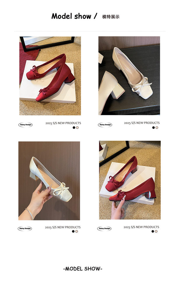 Giày cao gót nữ mũi vuông gót vừa 3–6 cm chất liệu lụa thắt nơ, giày cưới sang trọng — màu đỏ, quả mơ chi tiết 8