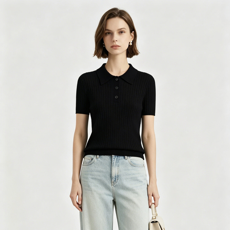 Breathable Summer Knitwear for Women 2026 Summer Thin Short-Sleeved T-Shirt Polo Collar Slim Fit Right Shoulder Short Top