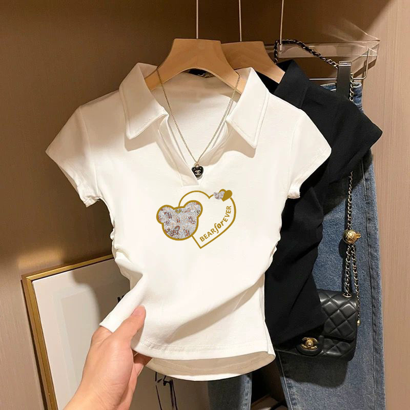 White Ribbed Cotton Polo Collar Short-Sleeve T-Shirt for Women, Slim Fit, Summer Style, V-Neck Top, Short Pleated Versatile Top