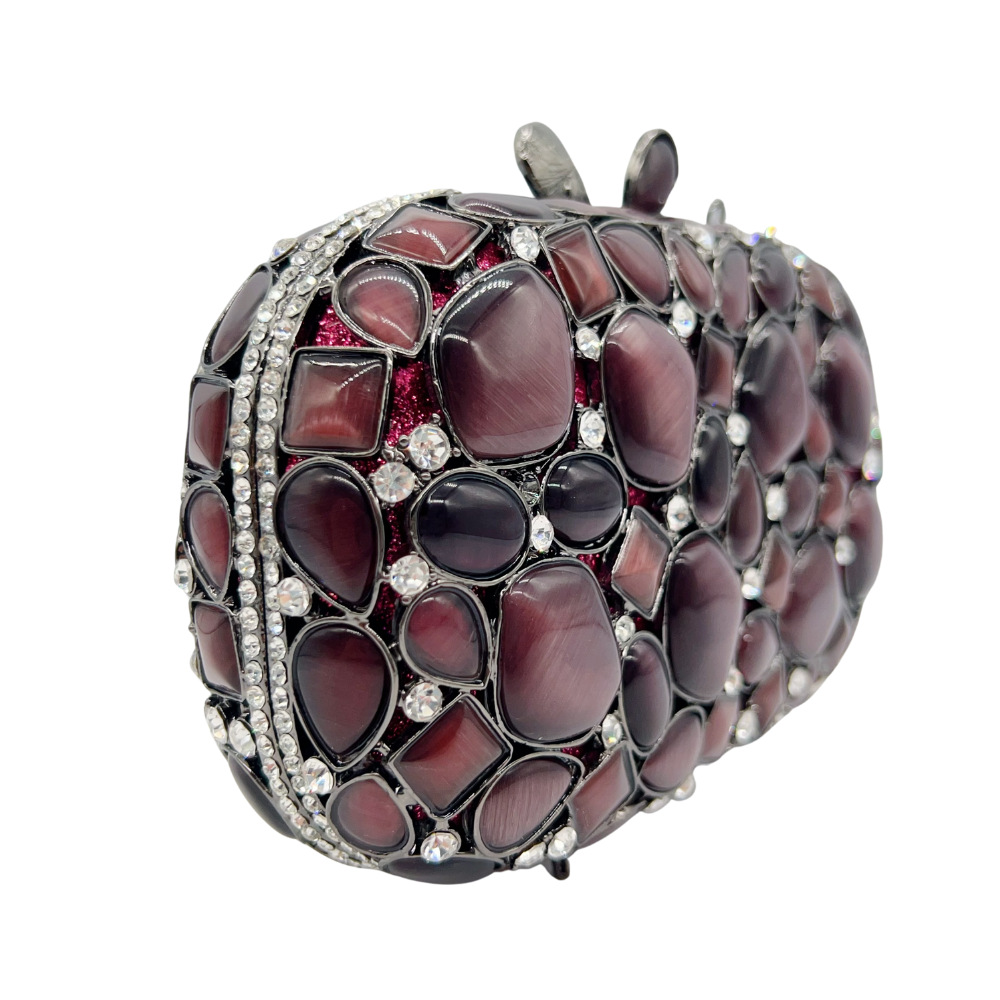 Túi clutch nữ cầm tay dạ tiệc đính đá mắt mèo kim loại rỗng phong cách Âu Mỹ — Màu hồng, màu đỏ tía, Cá tính đặt làm chi tiết 6