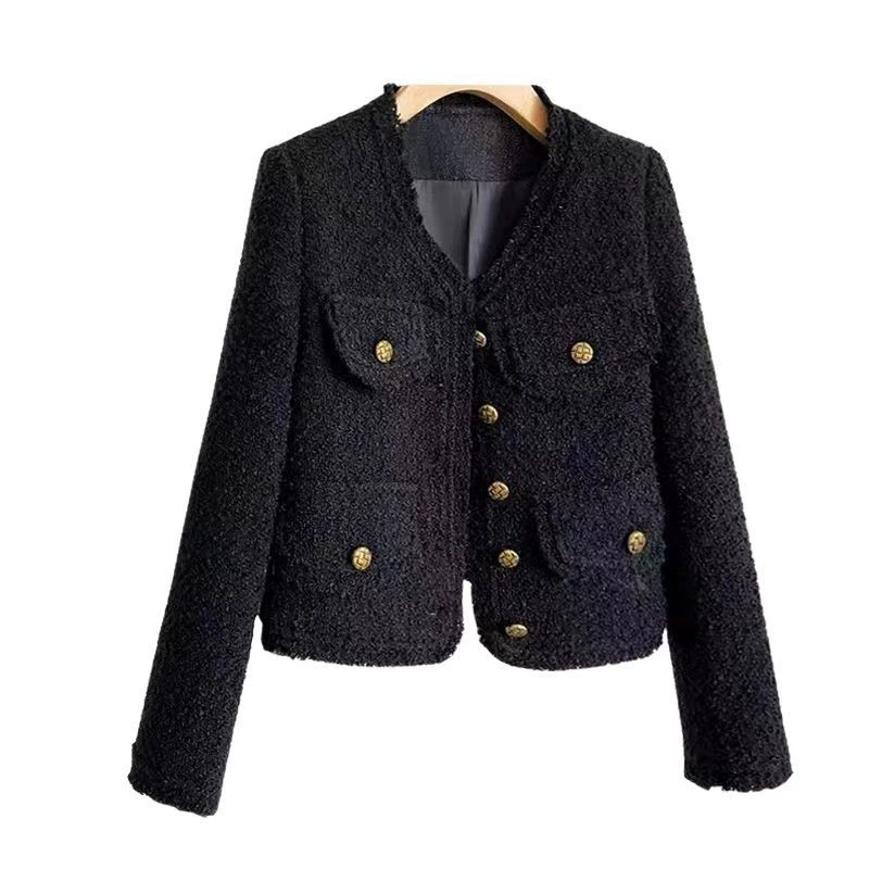 Черная куртка, длинные рукава, кардиган, западный стиль, стиль Chanel, свободный покрой