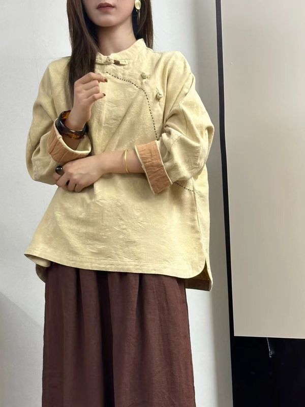 新品提花亚麻中式套头衬衣 复古风斜襟盘扣衬衣女|undefined