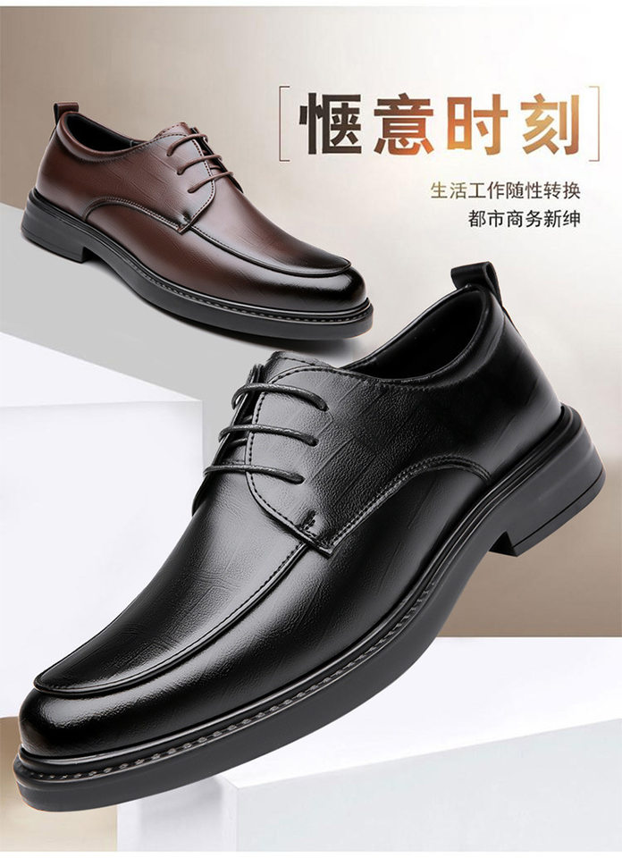 Giày da nam công sở da bò thật buộc dây mũi tròn thoáng khí chống trượt — Màu nâu, Màu đen chi tiết 3