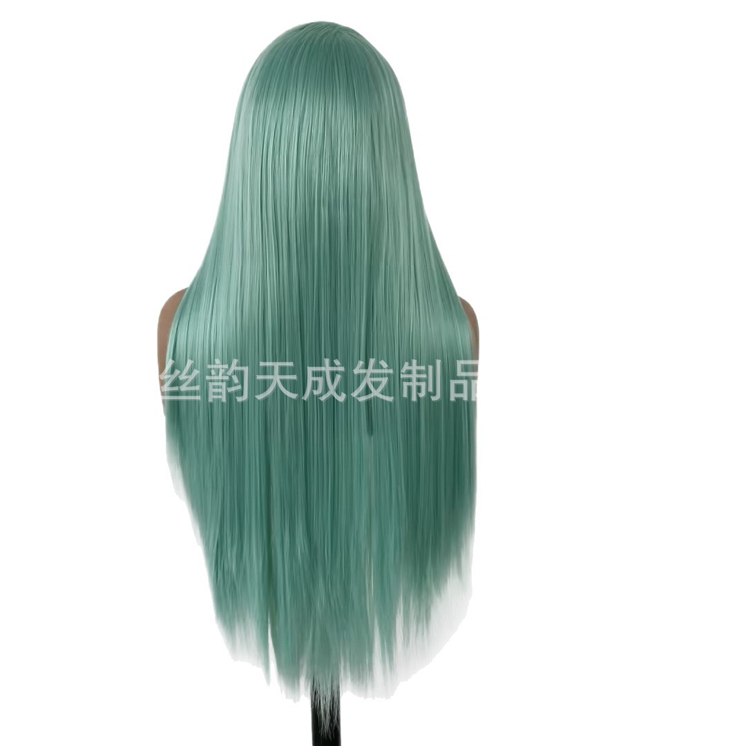 Nuevos productos europeos y estadounidenses de moda fibra química frente encaje azul verde pálido cabello largo recto medio tejido de mano peluca comercio exterior al por mayor