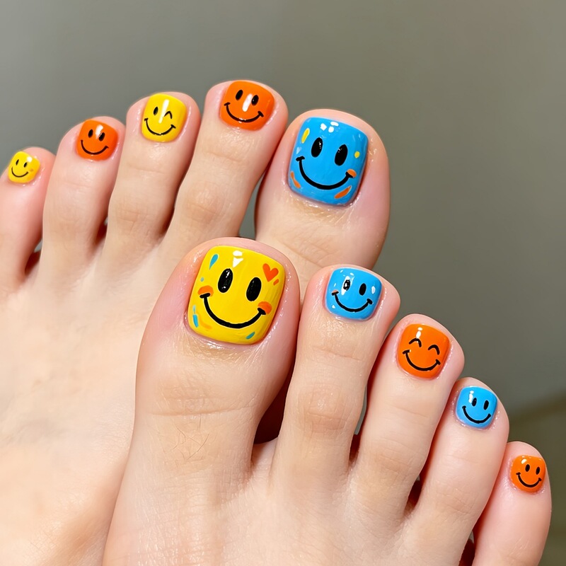 J179-All Sizes of Toenail Patches with Rainbow Smiley Faces, Wearable Nails in Macaron Vibrant Contrasting Colors, Removable Nail Pieces