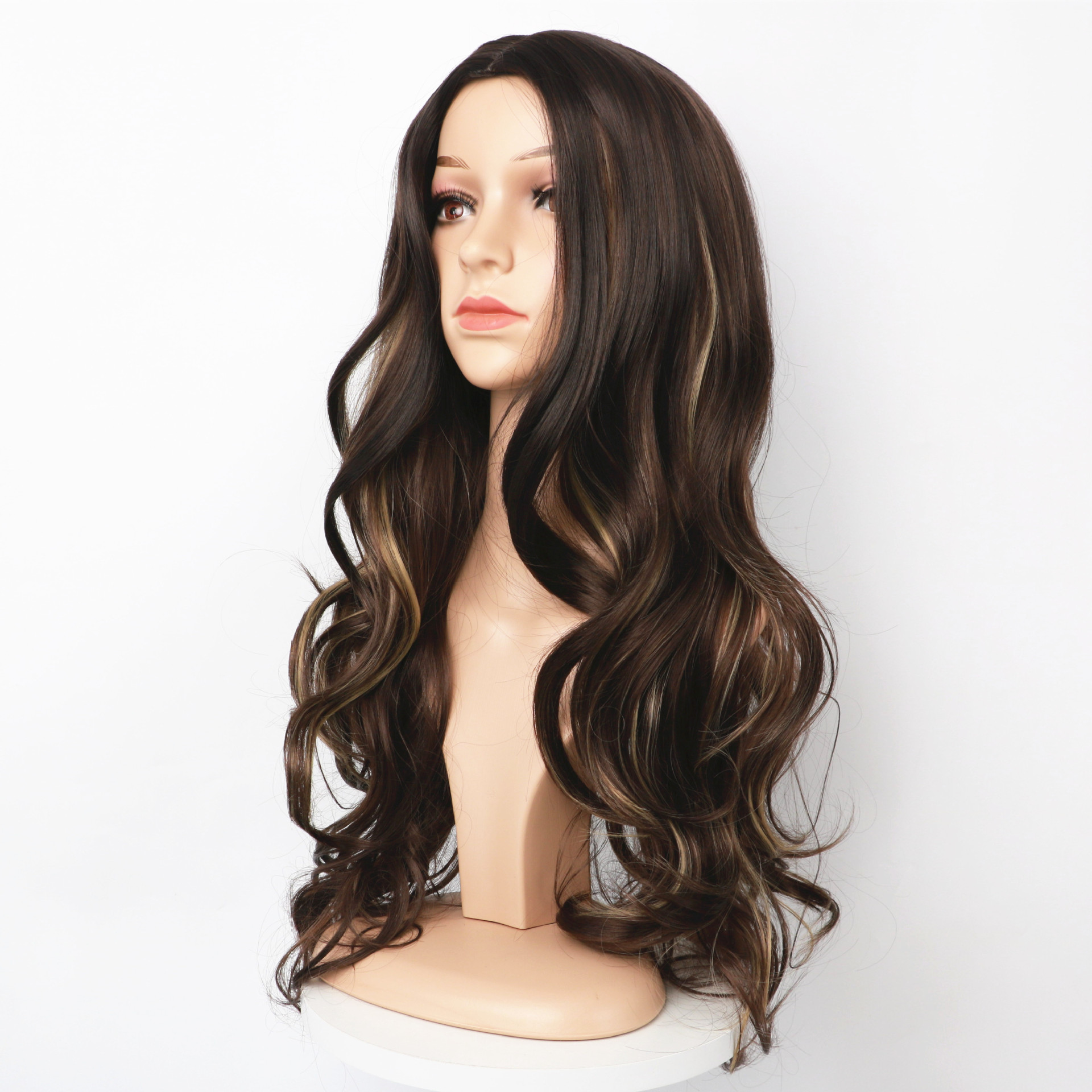 Συνθετική περούκα 2023 Νέα περούκα Γυναικεία μεσαία σχισμένη μακριά σγουρά με μεγάλους κυματισμούς καφέ κηλίδας, βαμμένη από συνθετικές ίνες για μαλλιά ολόκληρο σετ κεφαλιού_voghion.com