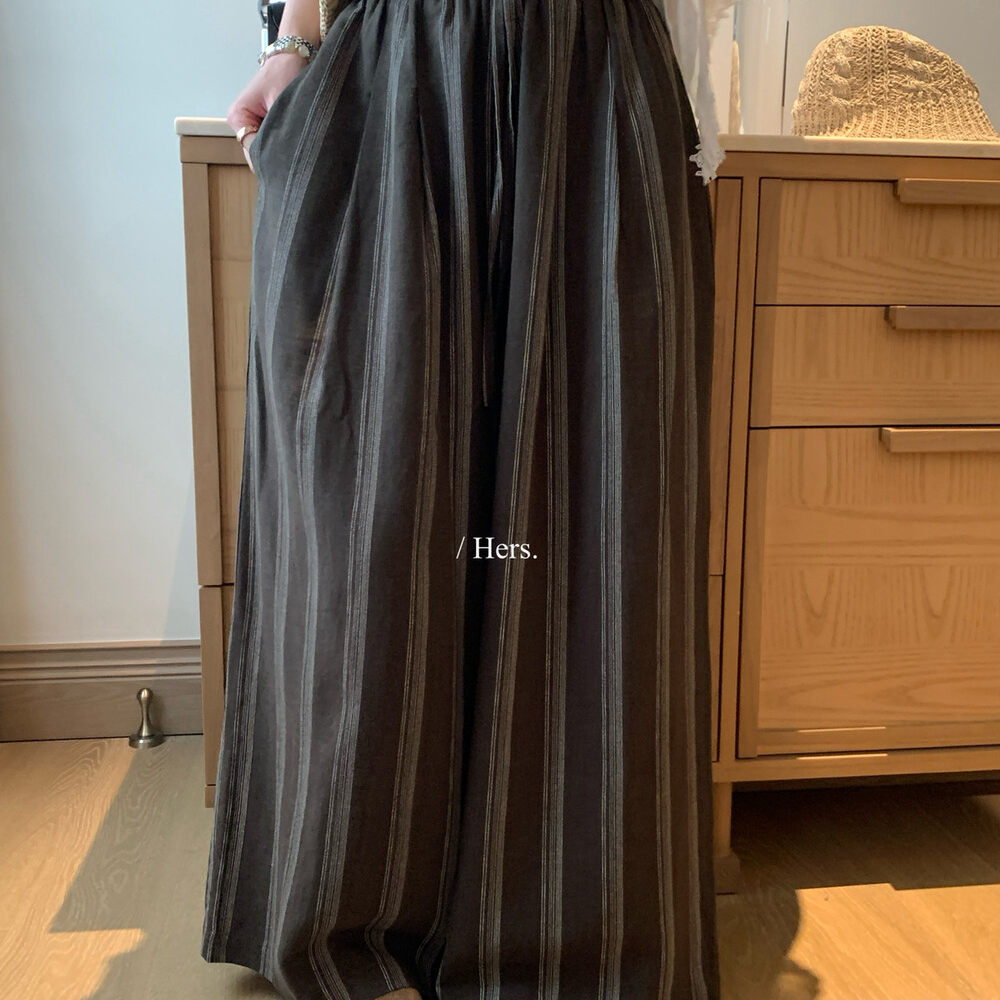 Quần culottes nữ ống rộng cạp cao chun rút dây sọc kẻ chất liệu ramie mùa hè — Màu cà phê, màu mơ