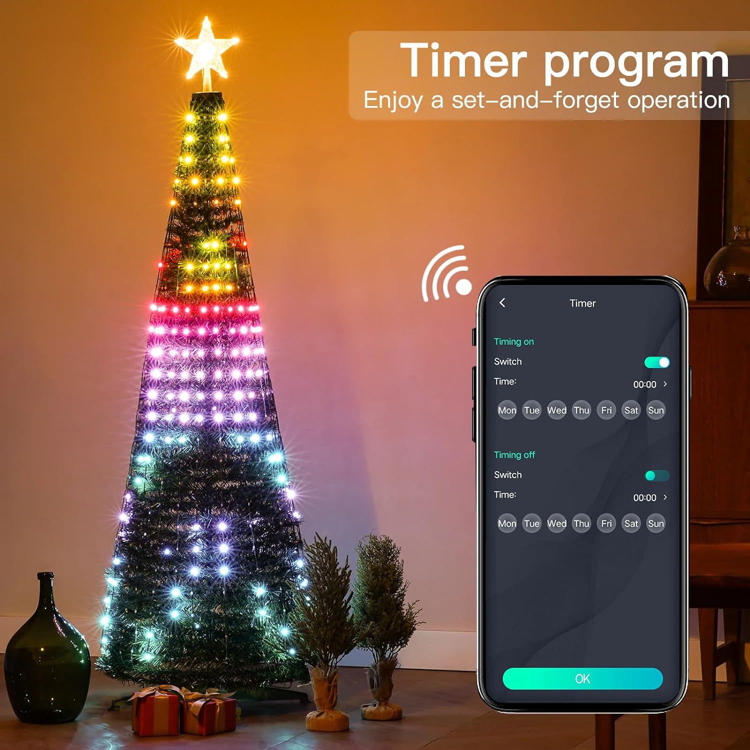 Cuerdas de luz de línea de control de piel de punto de color inteligente luz de árbol de Navidad decoración de Navidad DIY programación de sonido cadena de luz LED