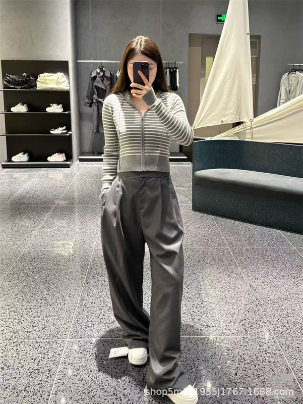 南油高品质 25秋季新款连帽条纹针织上衣女显瘦拉链开衫|undefined