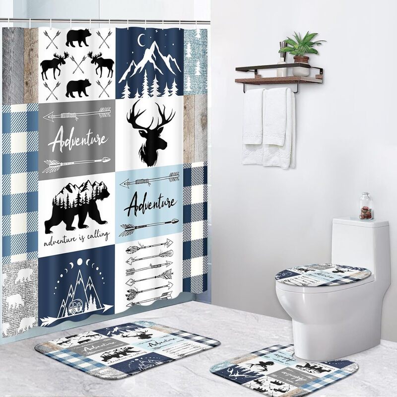 Cross-border a generation of hair stitching plaid striped farmhouse country animal landscape logo bathroom four-piece shower curtain Cross-border a generation of hair stitching plaid striped farmhouse country animal landscape logo bathroom four-piece shower curtain