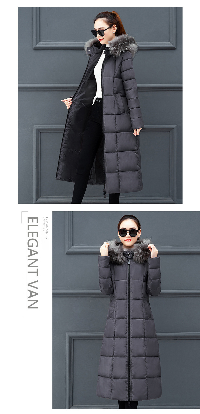 Cotton women autumn and winter New Korean version of the extended knee Warm jacket cotton suit female plus size loose solid color fur collar cotton jack_voghion.com