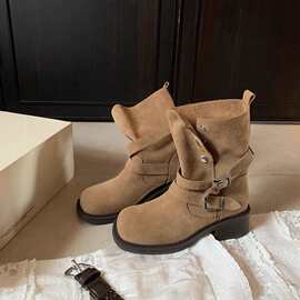 现货发增高5.5cm~ 美拉德粗跟厚底扣带牛反绒短筒靴女秋