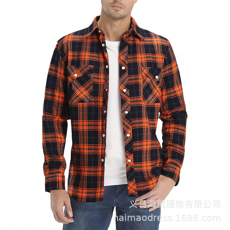 亚马逊男款春夏潮男衬衣格子口袋休闲外穿男士修身衬衫秋毛呢开衫