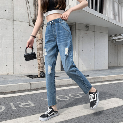 大码女装牛仔裤 2021春季新款女裤 胖妹妹宽松无弹破洞牛仔老爹裤
