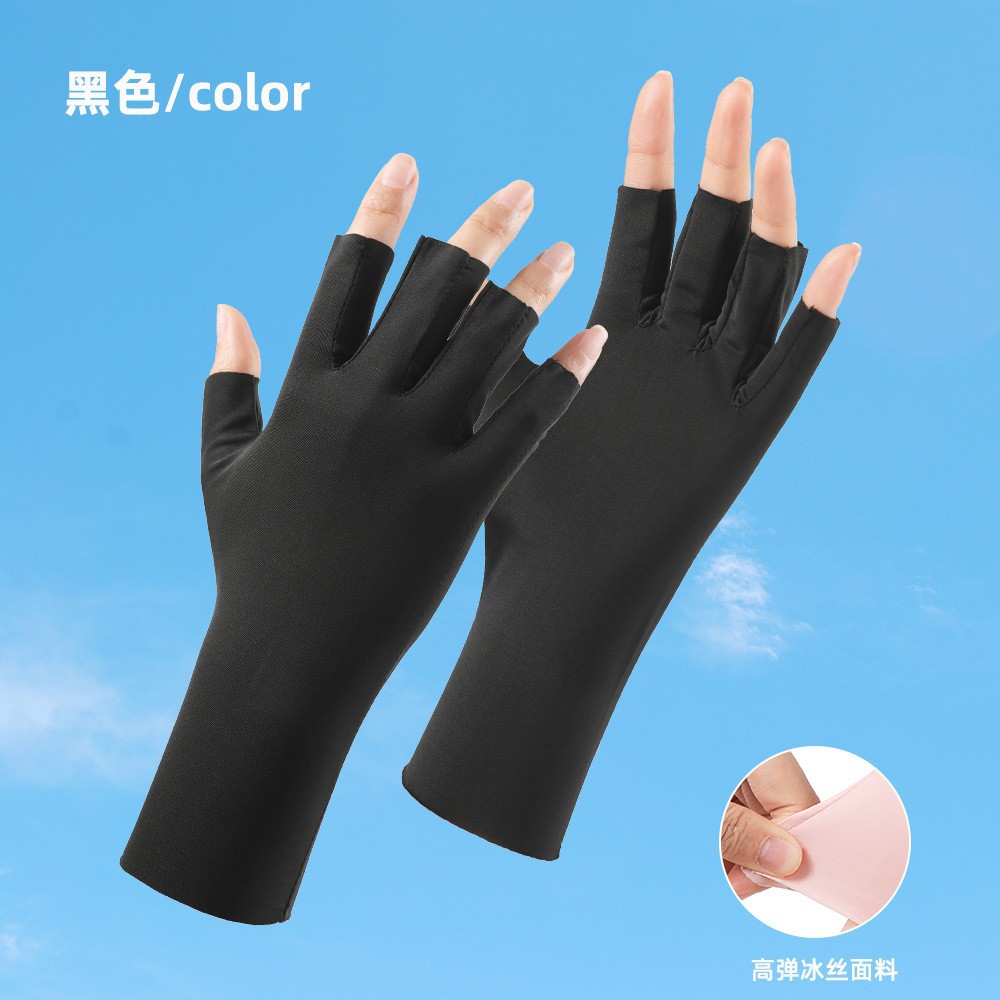 Guantes de protección solar para mujer de verano Protección UV delgada fresca transpirable medio dedo conducción guantes de uñas de seda de hielo