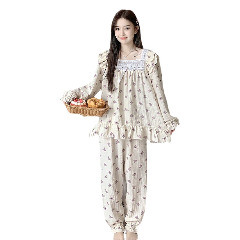 Estilo japonés simple pijamas de las mujeres tejido crepe encaje algodón pullover manga larga Otoño e Invierno dulce desgaste del hogar traje