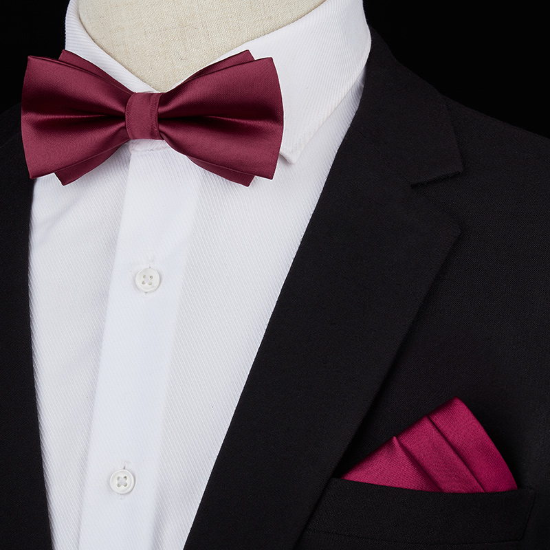 우아한 버건디 글로시 보타이 + 포켓 스퀘어