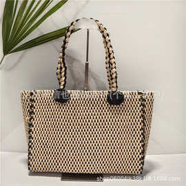 跨境热销大牌感撞色拉菲草编织包大容量托特包纯手工编织沙滩包