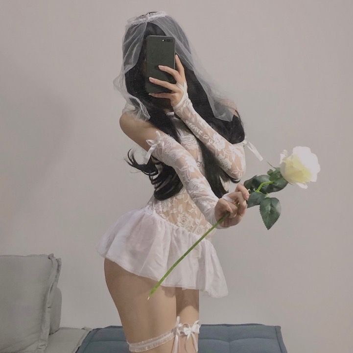 Bridal Lace Babydoll Set with Veil, Sleeves and Leg Ring, 3-Piece Rose Embroidered Mesh — detail image 6