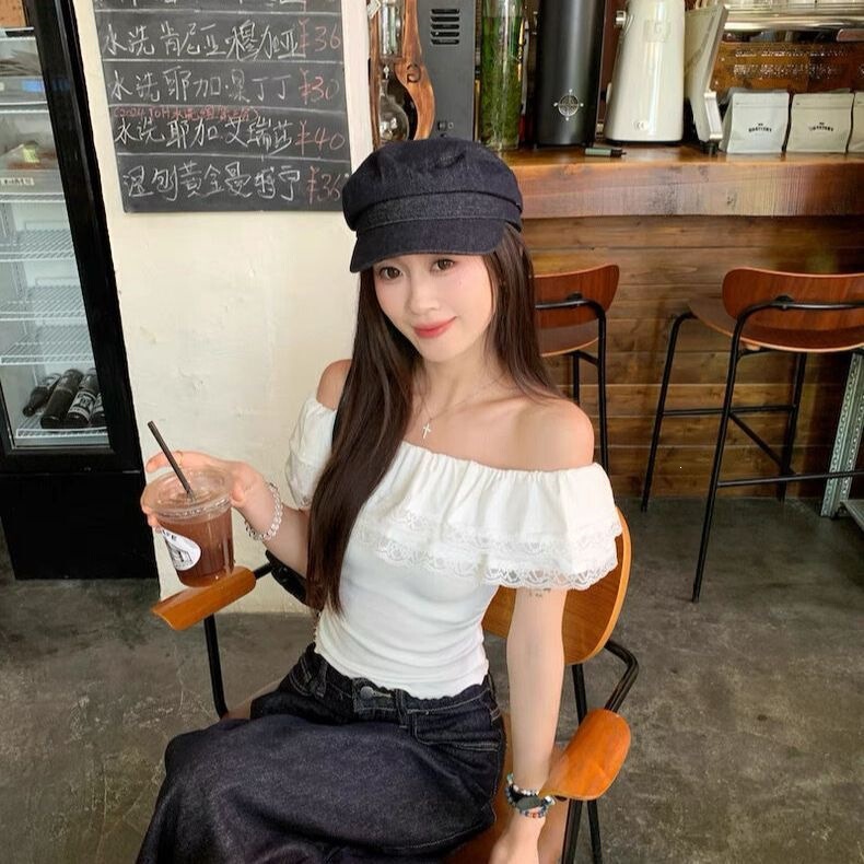 French-Style White One-Shoulder T-Shirt for Women, Summer Beauty with Lace and Ruffle Design, Off-Shoulder Short Top with a Stylish Touch French-Style White One-Shoulder T-Shirt for Women, Summer Beauty with Lace and Ruffle Design, Off-Shoulder Short Top with a Stylish Touch