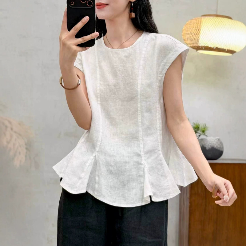 Korean-Style Fashionable Small Skirt Hem Round Neck Sleeveless Blouse for Women 2026 Summer New Linen Slimming Vest Top
