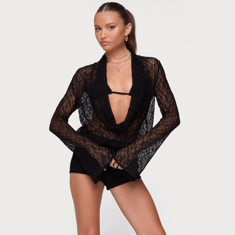 Deep-Neck Cape Collar, Long Bell Sleeves, Mesh Appearance, Lace Transparent Mesh Fabric Transparent Mesh Top