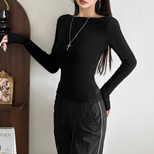 跨境欧美风2025冬季新款女装时尚性感露背镂空修身ins潮长袖T恤衫