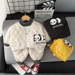 2025儿童加棉外套套装冬季新品女童韩版菱形熊猫加棉长袖三件套潮