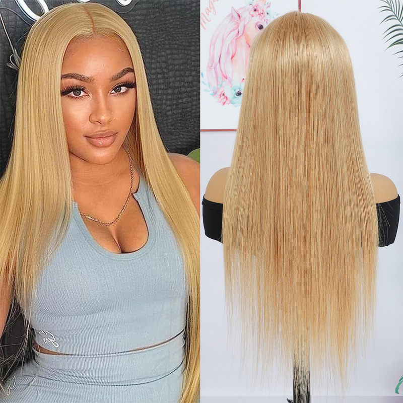 European and American Ladies Long Straight Hair Headgear 360 Full Lace Straight Golden Human Hair 360 Lace Wig