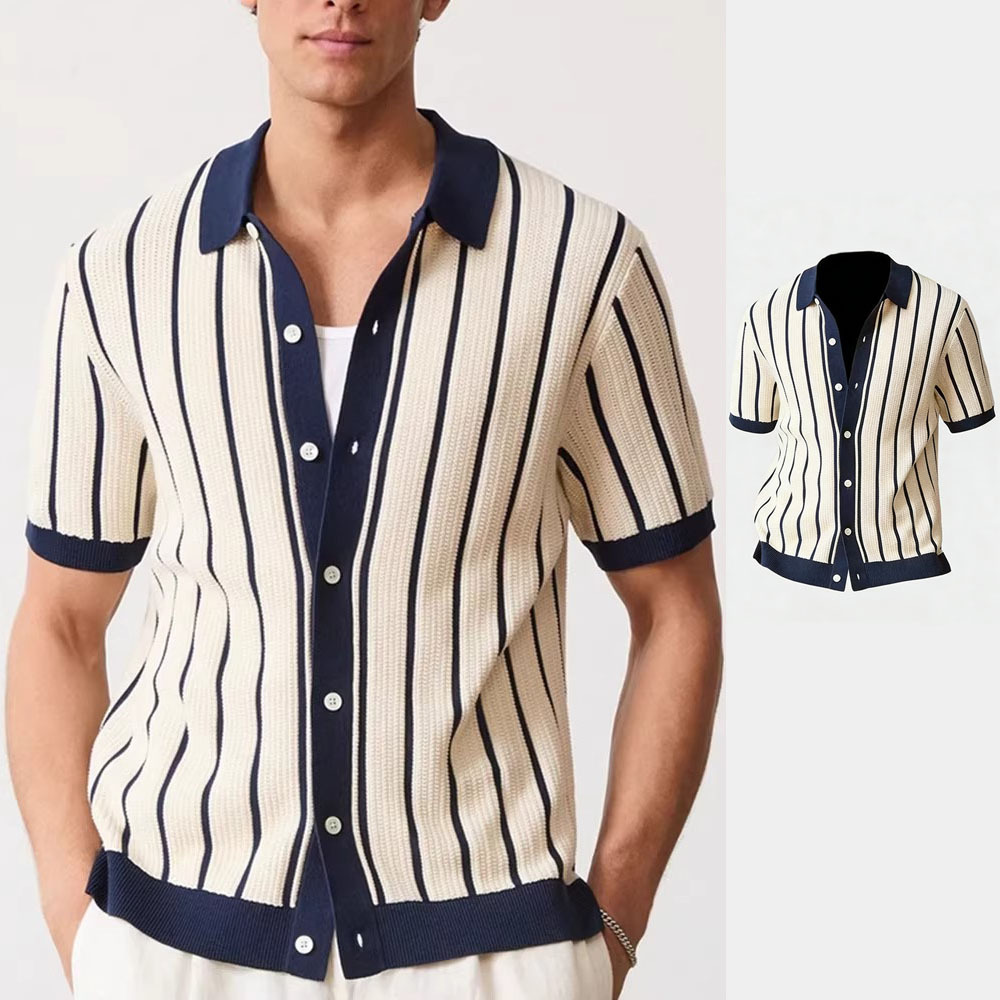 Camisas polo de cuello V camisa de punto de manga corta hombre cardigan rayas viejas líneas de hielo de viento de verano fábrica transfronteriza al por mayor