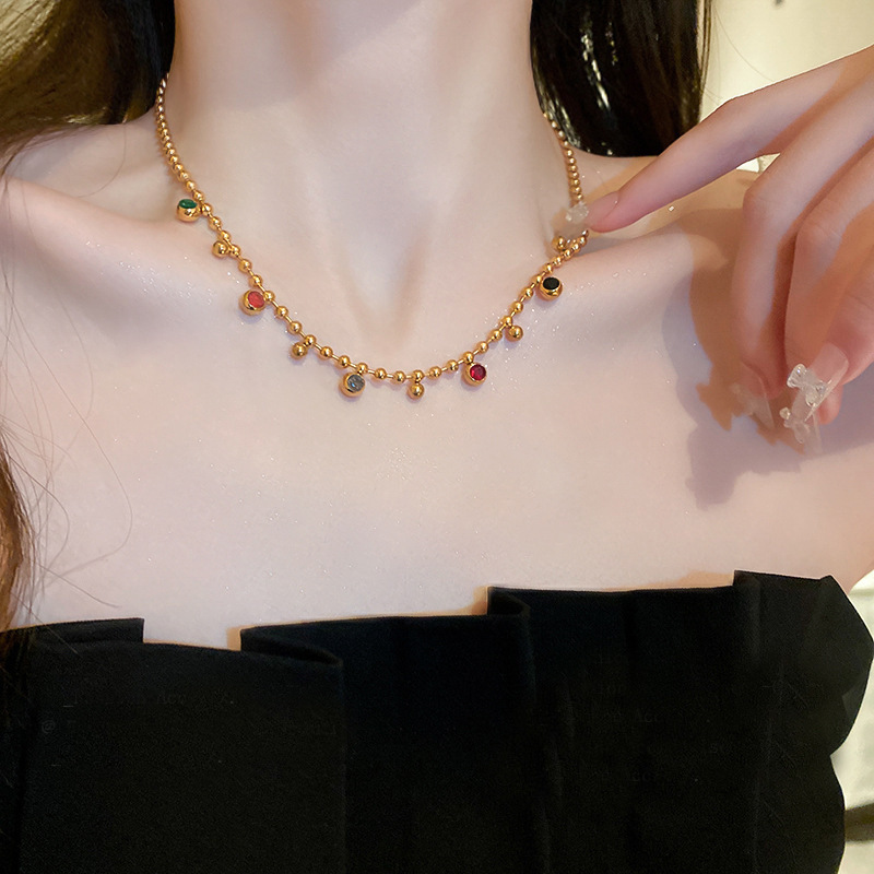 2024 New High Color Retention Titanium Steel Necklace Women's Gold-plated Color Diamond Necklace Eyes Easiest for Match Contrast Color Retro Titanium Steel Jewelry