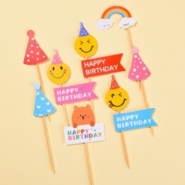 韩国ins风彩旗蛋糕装饰插件HBD笑脸太阳花朵小熊爱心生日插牌插件|undefined