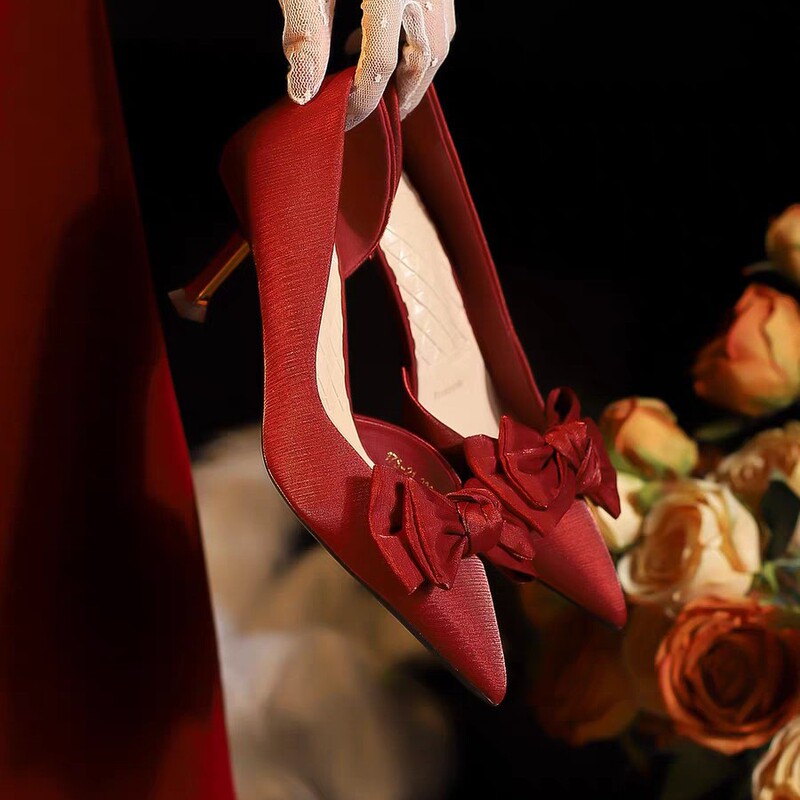 French-Style High-End Burgundy Bow Side Hollow Xiuhe Bridesmaid Wedding Shoes Chinese Dress Pointed Toe Stiletto High Heels for Women