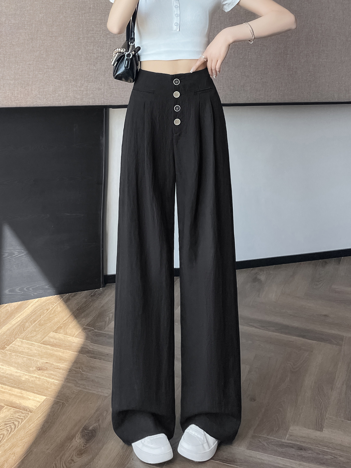 Quần tây nữ ống đứng cạp cao dáng suông vải linen phối khuy — Màu đen thông thường