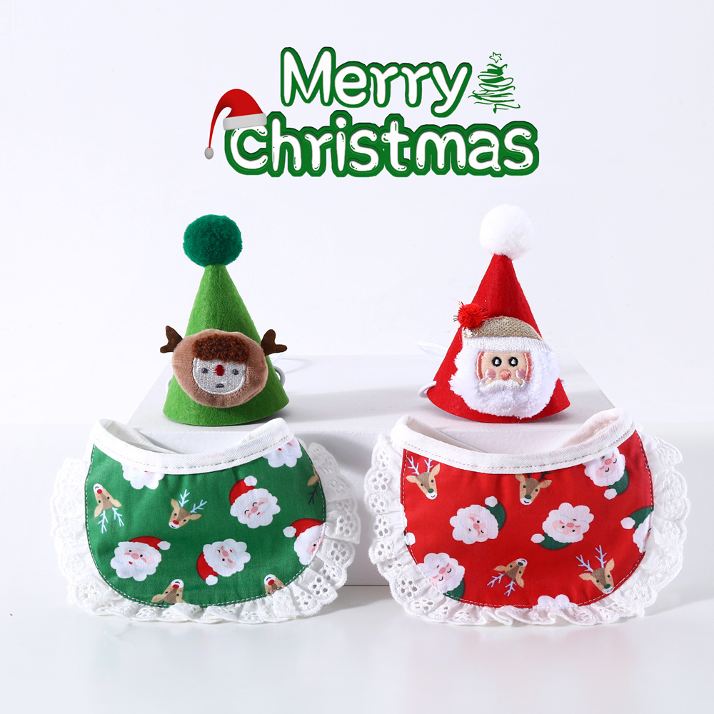 Mascota gato perro de dibujos animados felpa Santa ELK rojo verde sombrero tocado encaje babero traje