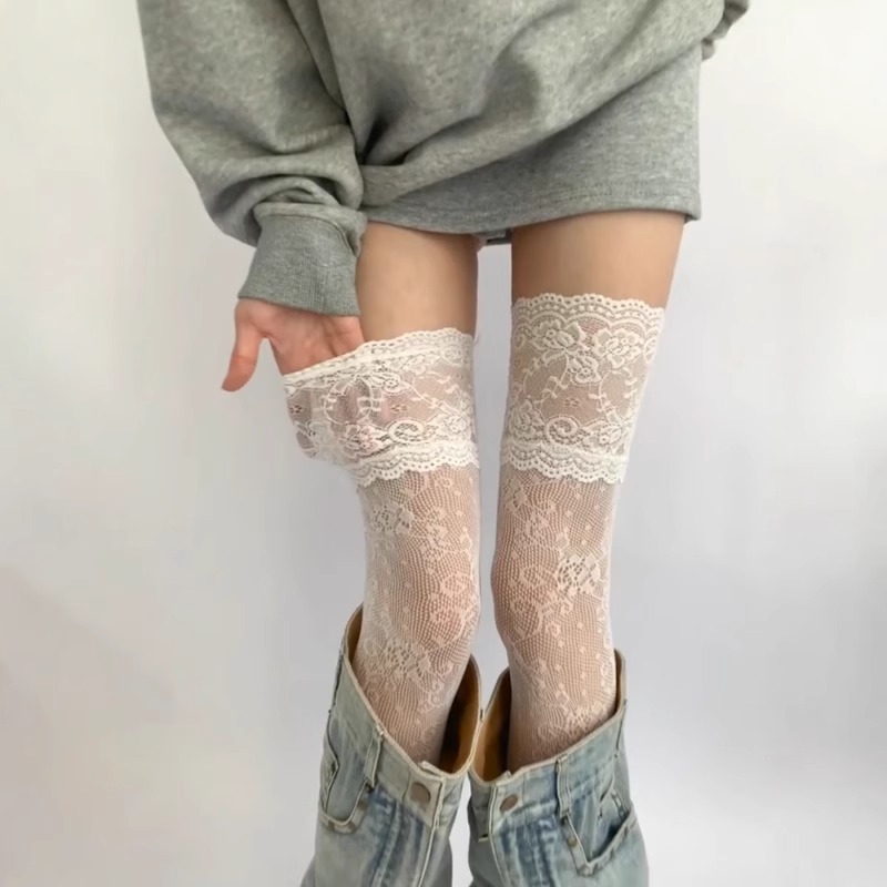 Large Lace Fishnet Stockings. Delicate Patterned Lace High Stockings, Gray Floral Fishnet Socks, Boot Socks