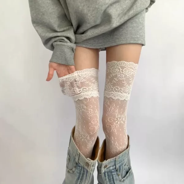 Large Lace Fishnet Stockings. Delicate Patterned Lace High Stockings, Gray Floral Fishnet Socks, Boot Socks