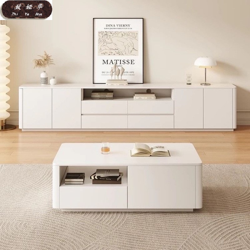Living Room Household Small Apartment Light Luxury Minimalist Coffee Table Tv Cabinet Combination Cream Style Modern Solid Wood High Tv Cabinet