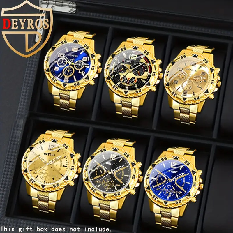 6Pcs Men's Luxury Quartz Watch - Stainless Steel&Analog Dial with Date/Day/Chronograph Function 6Pcs Men's Luxury Quartz Watch - Stainless Steel&Analog Dial with Date/Day/Chronograph Function