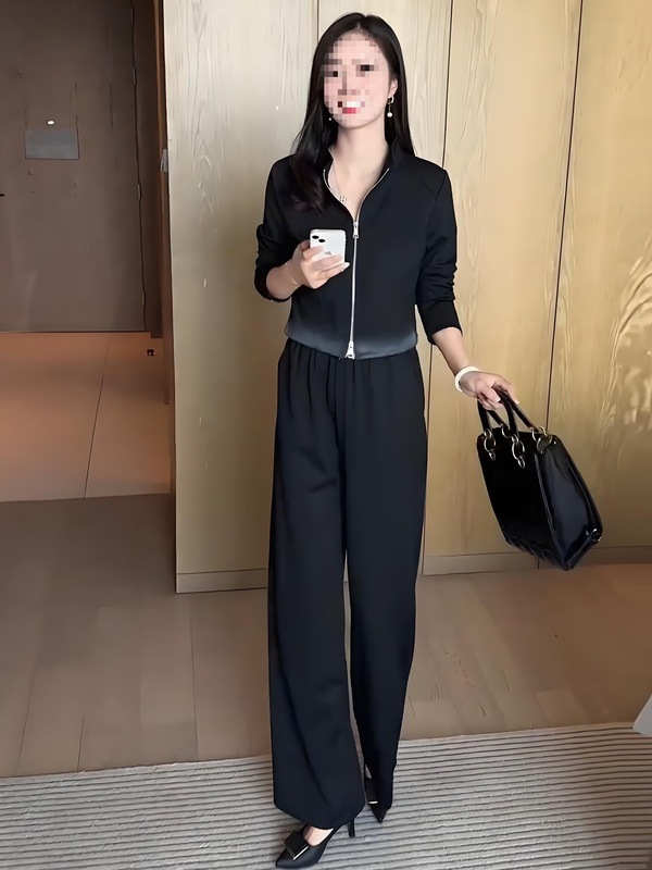 时尚休闲套装女秋装新款时髦洋气立领渐变短外套直筒阔腿裤两件套|undefined