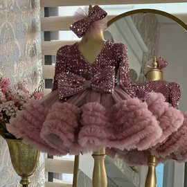 Princess Dress女童周岁礼服长袖亮片公主裙小主持人tutu蛋糕裙子