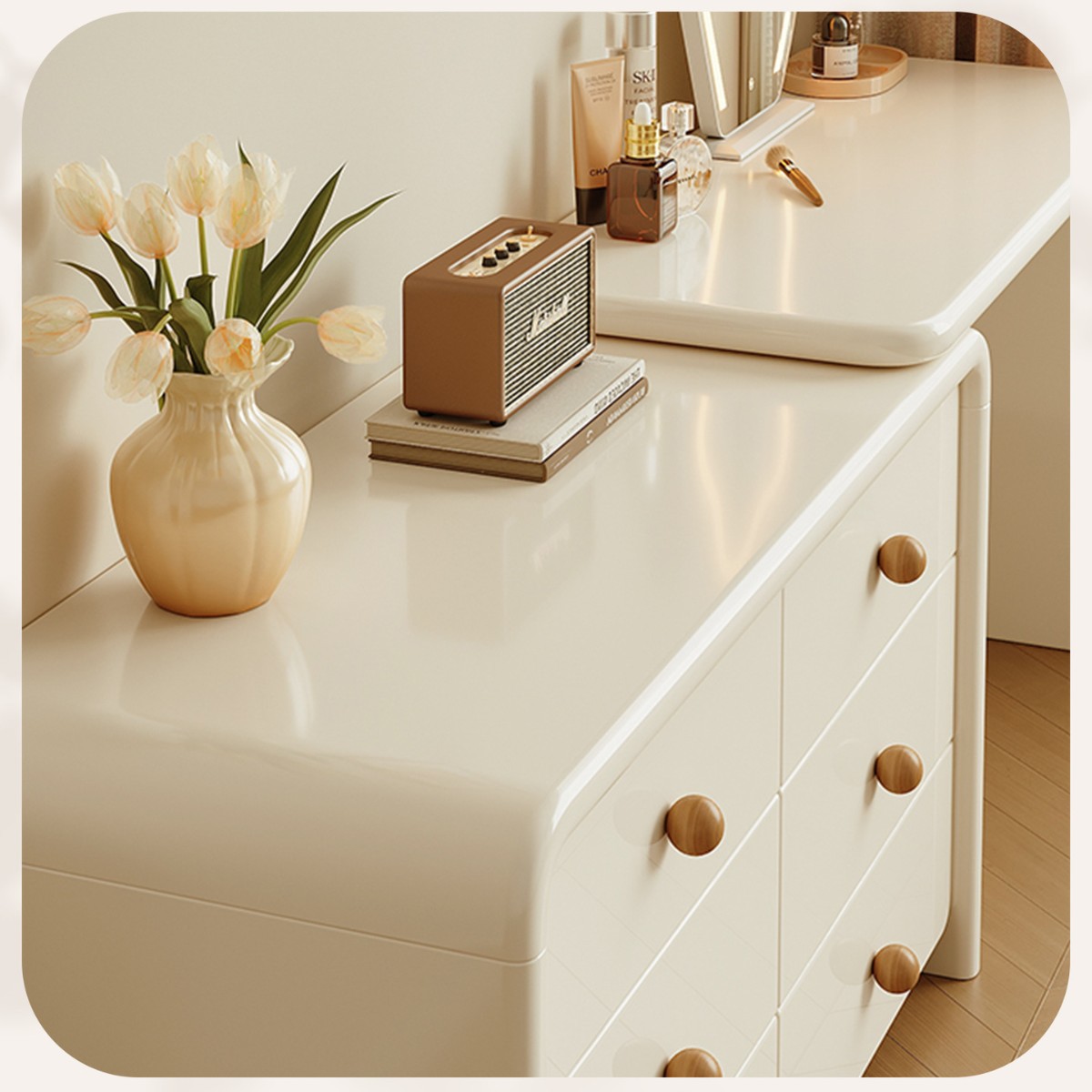 Queso de madera maciza mesa de tocador armario todo en una mesa de maquillaje de viento crema dormitorio moderno simple 2025 nuevo gabinete de cama