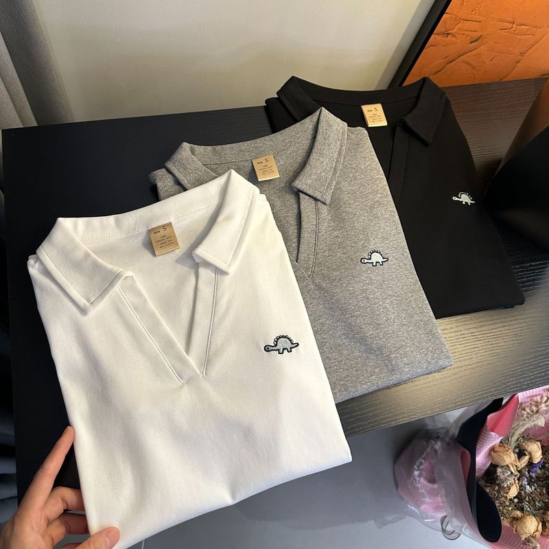 立体刺繍」セロコットン ポロカラー半袖Tシャツ 春韓国風 カジュアル 万能 着痩せ T0|undefined