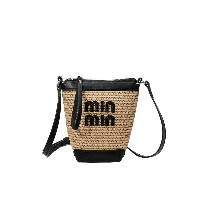 Bolso de teléfono móvil tejido de paja de color de contraste de moda para mujer 2025 nuevo bolso de cubo de primavera de moda bolso diagonal de un solo hombro para mujer