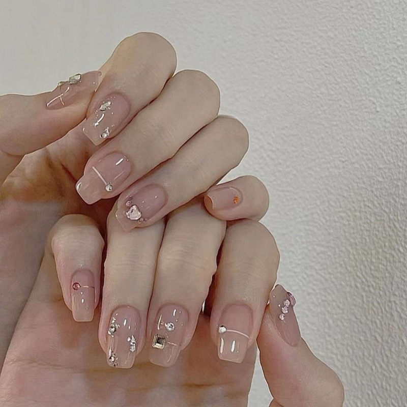 Nude Pink Dot Diamond Short Square Toe Manicure, Exquisite, Elegant, Simple and Fashionable Wearable Nails, 24 Pieces of Finished Nail Patches