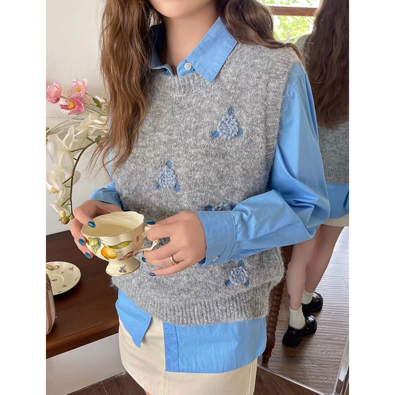 Suéter de bordado de flores retro chaleco de mujer chaqueta suelta primavera y otoño con camisa doblada para usar chaleco de punto suave glutinoso chaqueta