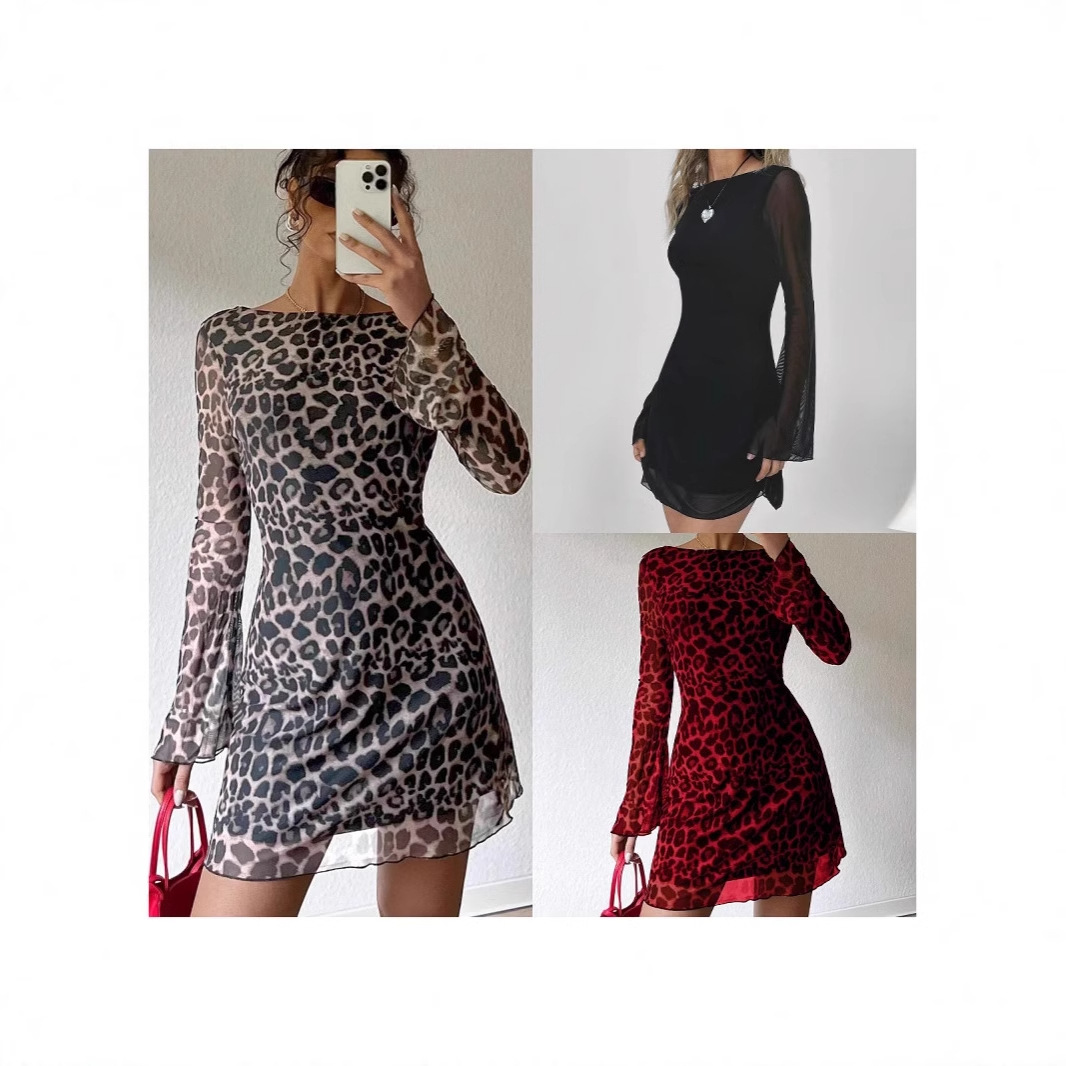 2024 Amazon Women's Leopard Print Mesh Dress Backless Bell Sleeve Mini Party Dress Long Sleeve Women's Fashion