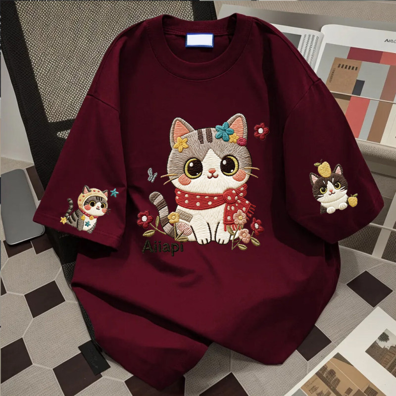 Pure Cotton Printed Summer Burgundy Short-Sleeve T-Shirt New Scarf Cat Design Niche Loose Half-Sleeve Top Ins