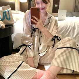 2026早春新品韩系简约条纹翻领开衫睡衣极简风蝴蝶结家居服套装女