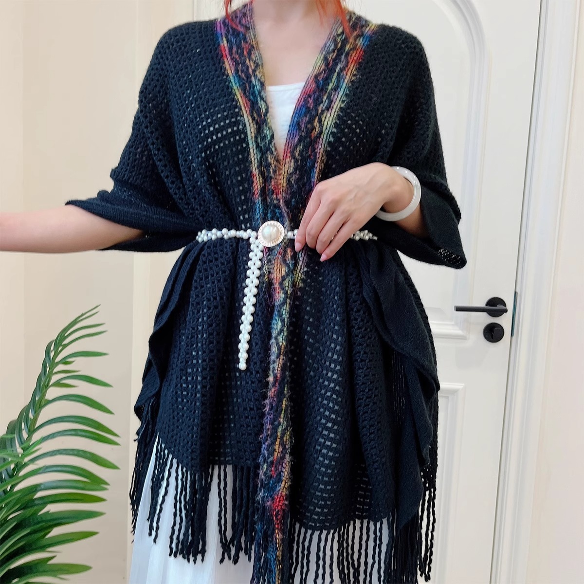 Nuevo chal de mujer, tiras de color, suéter de punto, foto de viaje, capa étnica de todo fósforo, capa de todo fósforo, viaje